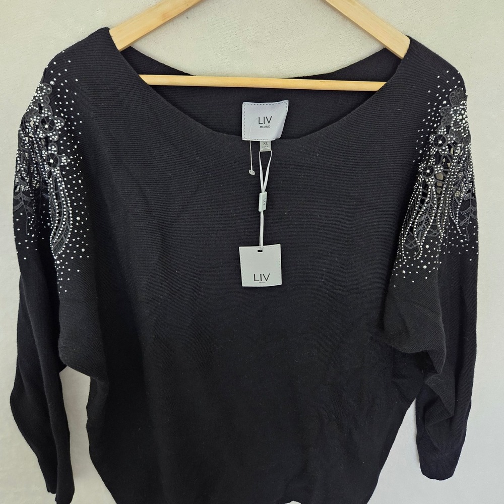 Liv Milano Womens XL Black Batwing Sweater Rhinestone Lace Shoulder Knit Top